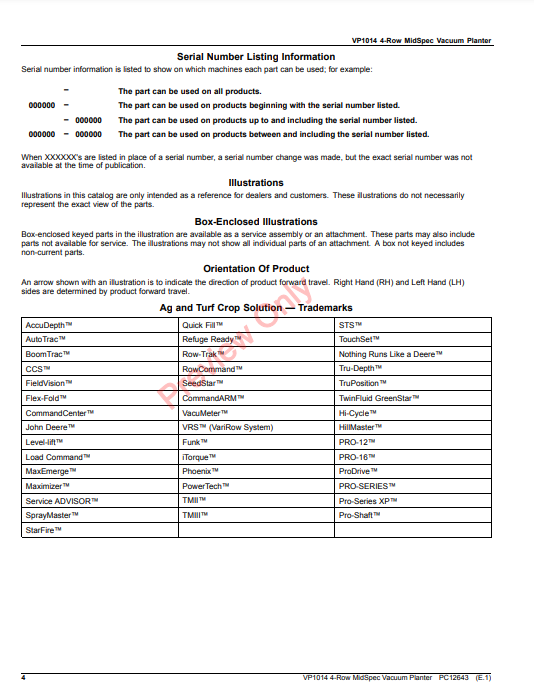 JOHN DEERE VP1014 4-ROW MIDSPEC VACUUM PLANTE PC12643 - PARTS CATALOG MANUAL