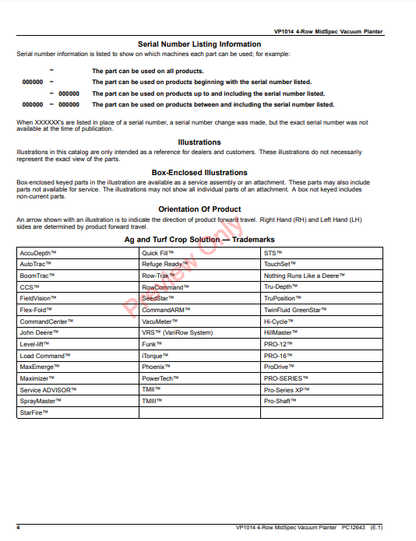 JOHN DEERE VP1014 4-ROW MIDSPEC VACUUM PLANTE PC12643 - PARTS CATALOG MANUAL