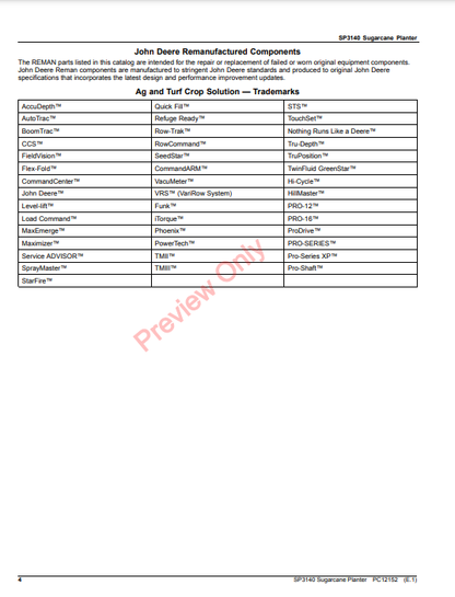 JOHN DEERE SP3140 SUGARCANE PLANTER PC12152 - PARTS CATALOG MANUAL