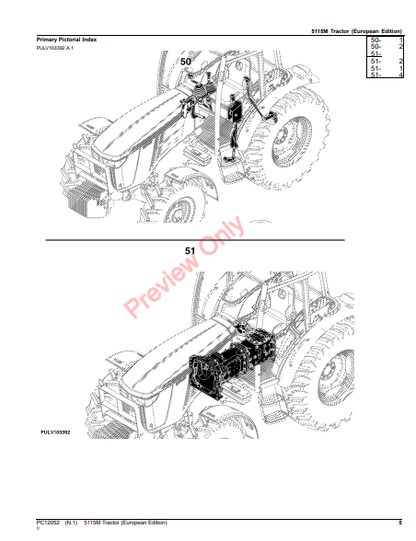 JOHN DEERE 5115M TRACTOR, OOS (-1LV5115MHJ200001), CAB (-1LV5115MHJ500001) (EUROPE EDITION) PC12052 - PARTS CATALOG MANUAL