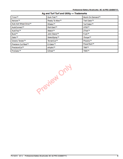 JOHN DEERE PROFESSIONAL BATTERY BRUSHCUTTER, BC 42-PRO (SAB80717) PC14214 - PARTS CATALOG MANUAL