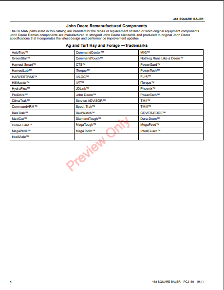 JOHN DEERE 468 BALER PC2156 - PARTS CATALOG MANUAL