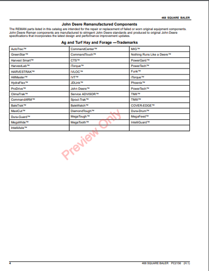 JOHN DEERE 468 BALER PC2156 - PARTS CATALOG MANUAL