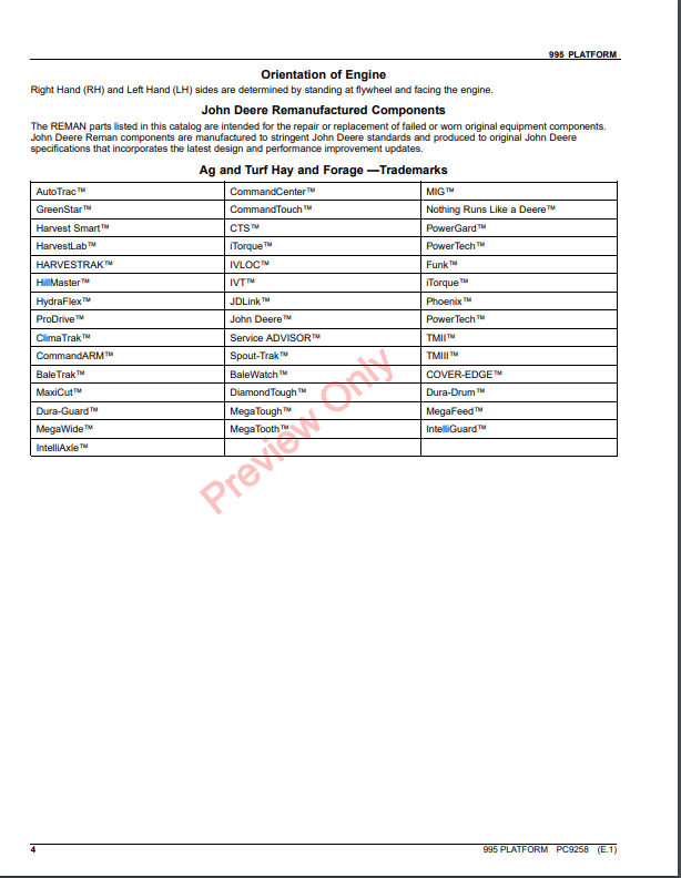 JOHN DEERE 995 PLATFROM PC9258 - PARTS CATALOG MANUAL