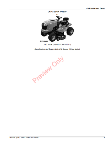 JOHN DEERE L1742 SCOTTS LAWN TRACTOR PC9100 - PARTS CATALOG MANUAL