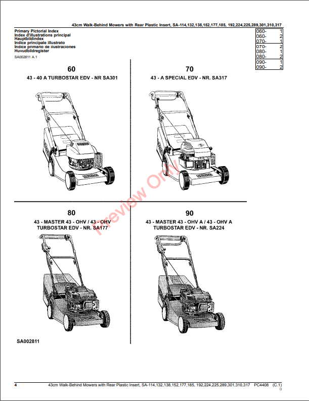 JOHN DEERE 43CM WALK-BEHIND MOWER 4-CYCLE ENGINE WITH REAR PLASTIC INSERT, SA-114, SA132, SA138, SA152, SA177, S PC4408 - PARTS CATALOG MANUAL