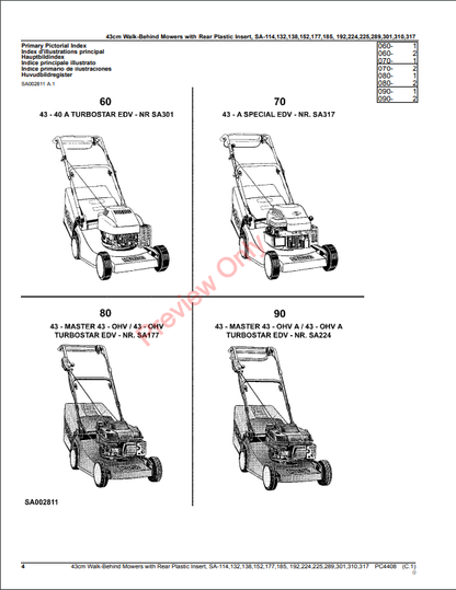 JOHN DEERE 43CM WALK-BEHIND MOWER 4-CYCLE ENGINE WITH REAR PLASTIC INSERT, SA-114, SA132, SA138, SA152, SA177, S PC4408 - PARTS CATALOG MANUAL