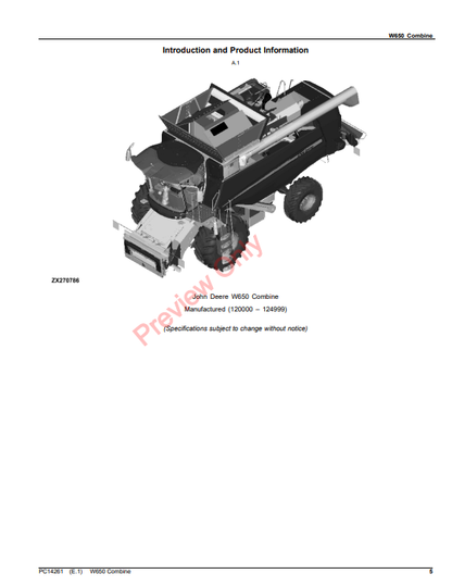 JOHN DEERE W650 COMBINE (PIN 1Z0W650XXXX120000 - 1Z0W650XXXX124999) PC14261 - PARTS CATALOG MANUAL