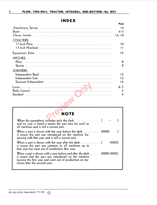 JOHN DEERE NO.MT3 TWO-WAY INTEGRAL TRACTOR PLOW-ONE BOTTOM PC252 - PARTS CATALOG MANUAL