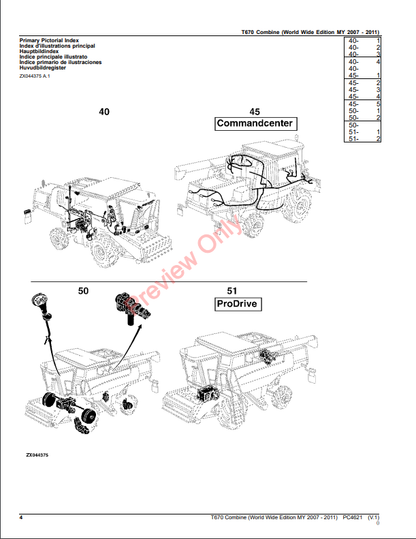 JOHN DEERE T670 COMBINE PC4621 - PARTS CATALOG MANUAL