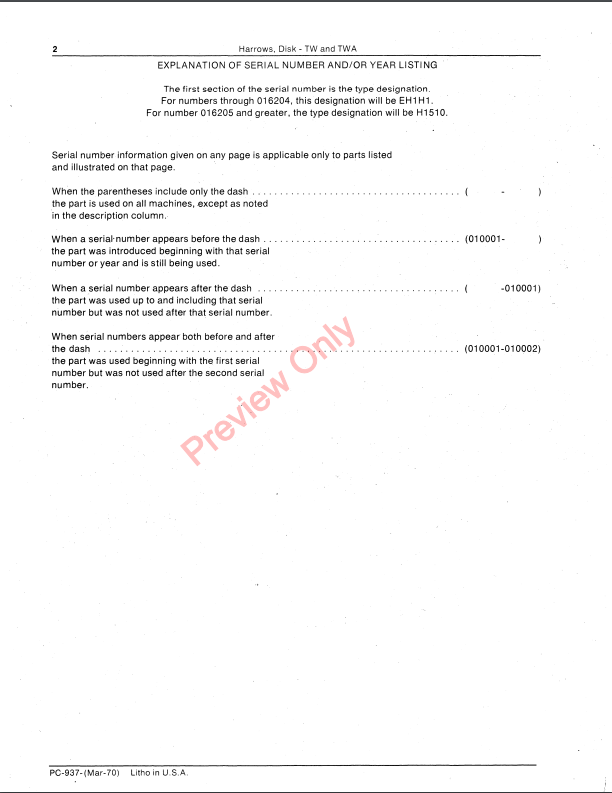 JOHN DEERE TW,TWA DISK HARROWS PC937 - PARTS CATALOG MANUAL