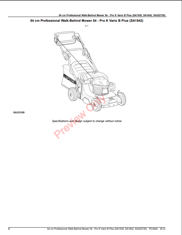 JOHN DEERE 54 CM PROFESSIONAL WALK-BEHIND MOWER 52-PRO K VARIO B PLUS (SA1530, SA1842, SA322720) PC4924 - PARTS CATALOG MANUAL