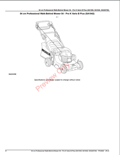 JOHN DEERE 54 CM PROFESSIONAL WALK-BEHIND MOWER 52-PRO K VARIO B PLUS (SA1530, SA1842, SA322720) PC4924 - PARTS CATALOG MANUAL