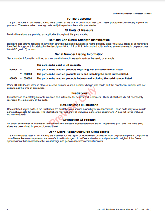 JOHN DEERE SH1212 SUNFLOWER HARVESTER HEADER PC11758 - PARTS CATALOG MANUAL