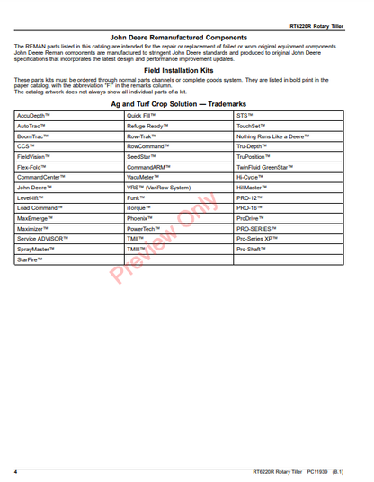 JOHN DEERE RT6220R ROTARY TILLER PC11939 - PARTS CATALOG MANUAL