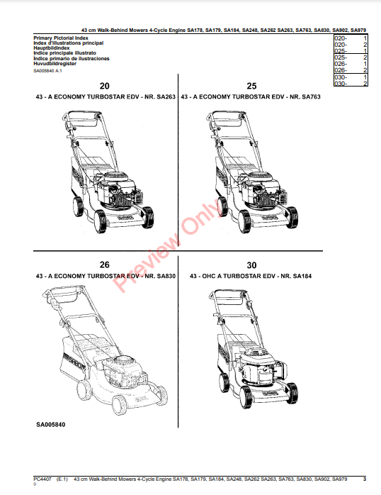 JOHN DEERE 43CM ELECTRIC WALK-BEHIND MOWERS 4-CYCLE-SA178, SA179, SA184, SA248, SA262, SA263, SA763, SA830, SA902, S PC4407 - PARTS CATALOG MANUAL