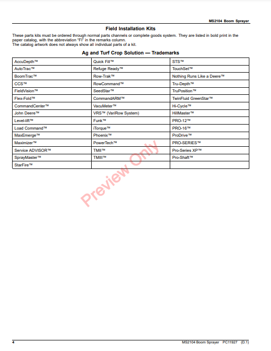 JOHN DEERE MS2104 BOOM SPRAYER PC11927 - PARTS CATALOG MANUAL