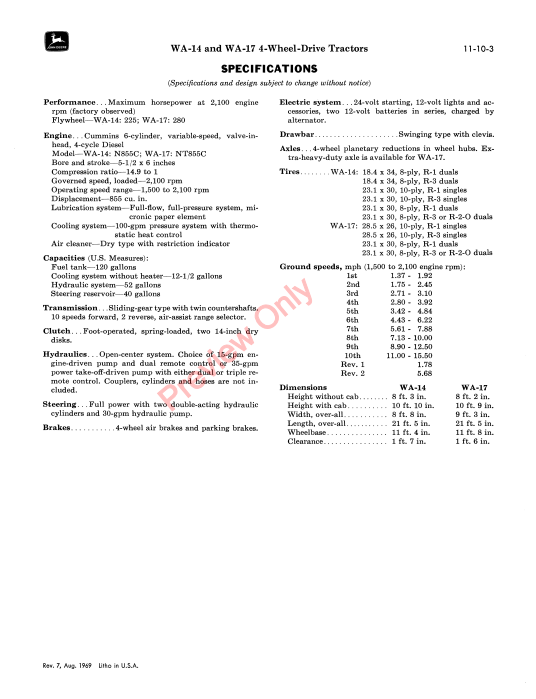 JOHN DEERE WA-14, WA-17 FOUR-WHEEL DRIVE TRACTORS PC1144 - PARTS CATALOG MANUAL