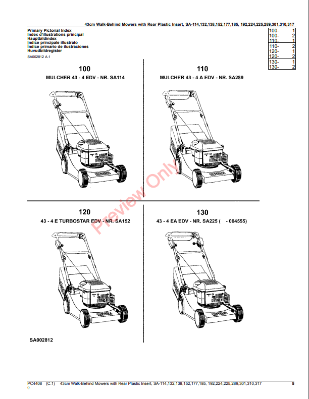 JOHN DEERE 43CM WALK-BEHIND MOWER 4-CYCLE ENGINE WITH REAR PLASTIC INSERT, SA-114, SA132, SA138, SA152, SA177, S PC4408 - PARTS CATALOG MANUAL