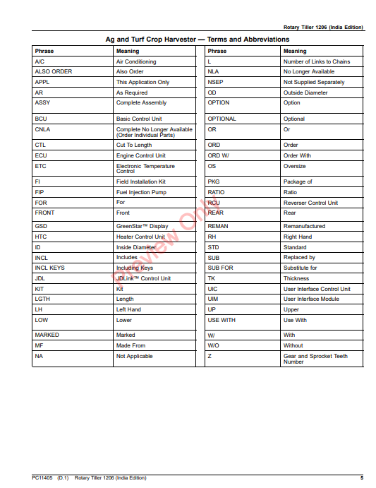 JOHN DEERE ROTARY TILLER 1206 (INDIA EDITION) PC11405 - PARTS CATALOG MANUAL