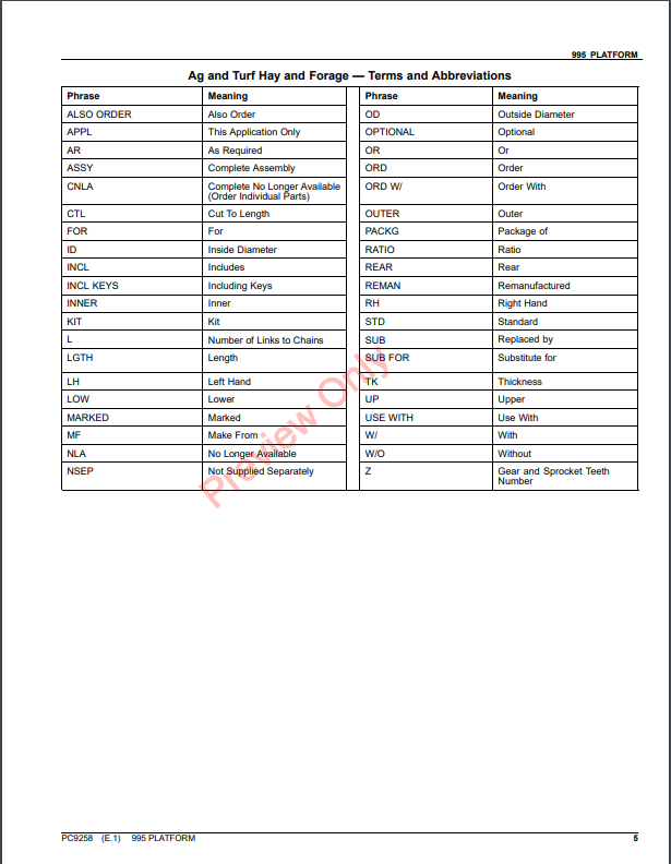 JOHN DEERE 995 PLATFROM PC9258 - PARTS CATALOG MANUAL