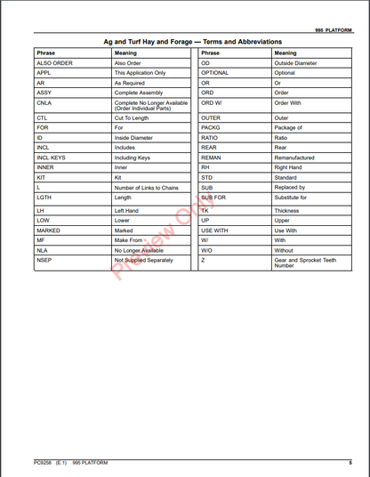 JOHN DEERE 995 PLATFROM PC9258 - PARTS CATALOG MANUAL