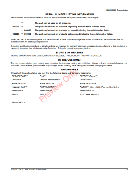 JOHN DEERE HMD2355XX TRANSMISSION OEM PC9777 - PARTS CATALOG MANUAL