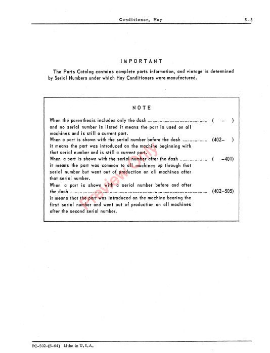 JOHN DEERE HAY MOWER CONDITIONER PC502 - PARTS CATALOG MANUAL