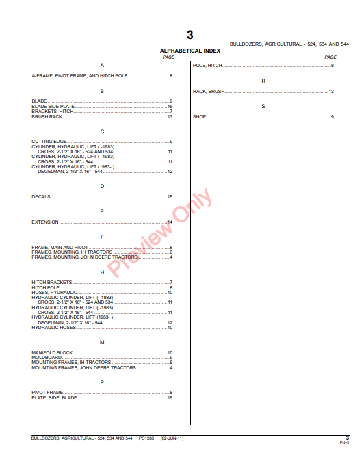 JOHN DEERE 524, 534, 544 AGRICULTURAL BULLDOZERS PC1285 - PARTS CATALOG MANUAL