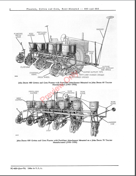 JOHN DEERE 480,680 COTTON & CORN PLANTER PC428 - PARTS CATALOG MANUAL