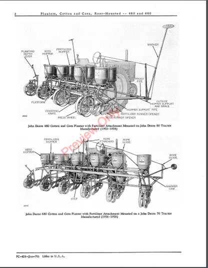 JOHN DEERE 480,680 COTTON & CORN PLANTER PC428 - PARTS CATALOG MANUAL