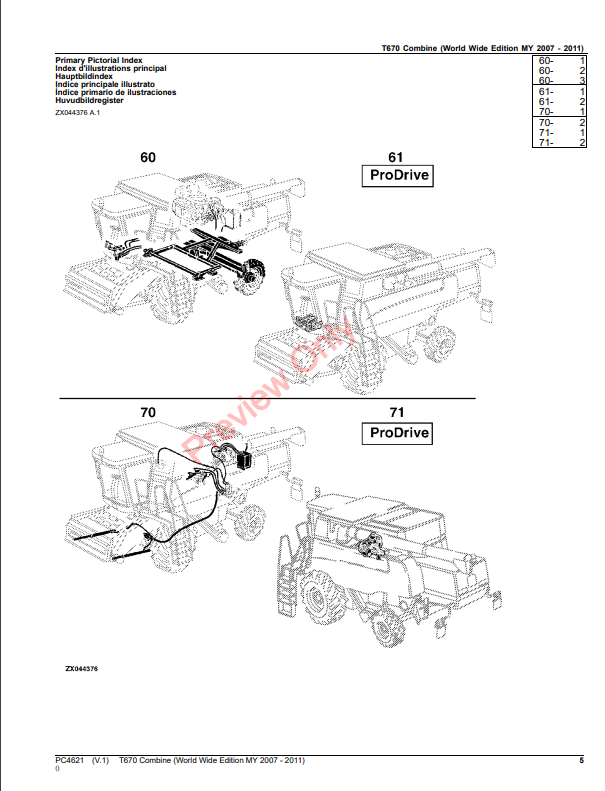 JOHN DEERE T670 COMBINE PC4621 - PARTS CATALOG MANUAL