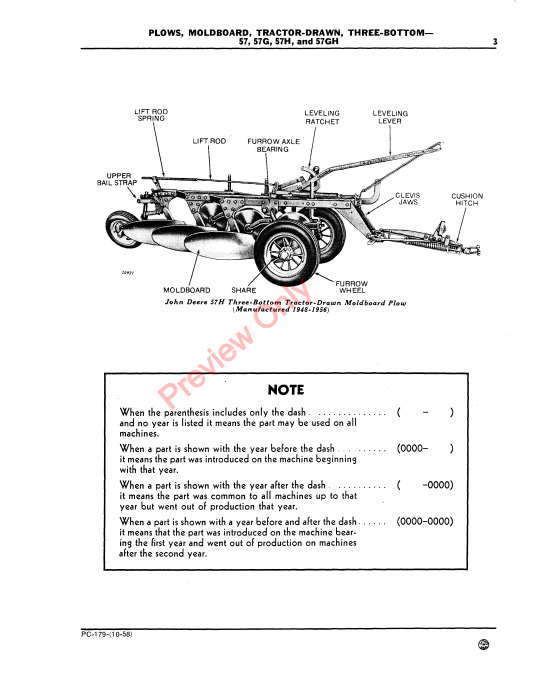 JOHN DEERE THREE-BOTTOM MOLDBOARD TRACTOR-DRAWN PLOWS 57, 57G, 57H, 57GH PC179 - PARTS CATALOG MANUAL