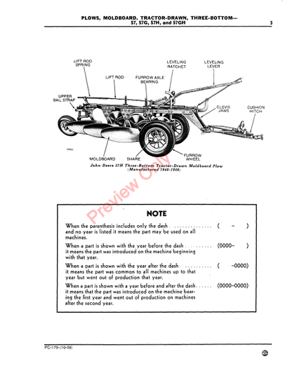 JOHN DEERE THREE-BOTTOM MOLDBOARD TRACTOR-DRAWN PLOWS 57, 57G, 57H, 57GH PC179 - PARTS CATALOG MANUAL