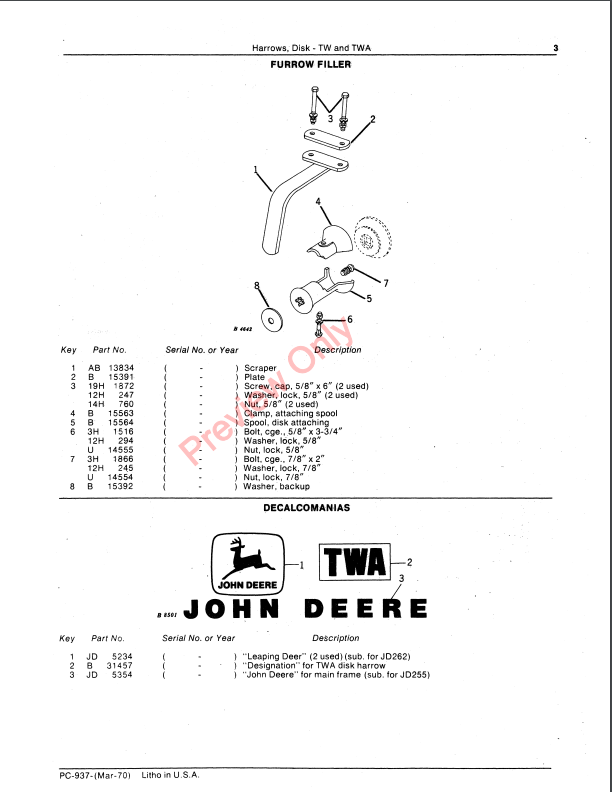 JOHN DEERE TW,TWA DISK HARROWS PC937 - PARTS CATALOG MANUAL