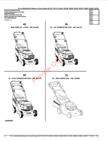 JOHN DEERE 43CM ELECTRIC WALK-BEHIND MOWERS 4-CYCLE-SA178, SA179, SA184, SA248, SA262, SA263, SA763, SA830, SA902, S PC4407 - PARTS CATALOG MANUAL