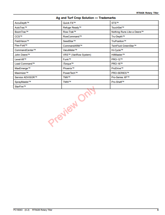 JOHN DEERE RT5426 ROTARY TILLER PC16043 - PARTS CATALOG MANUAL