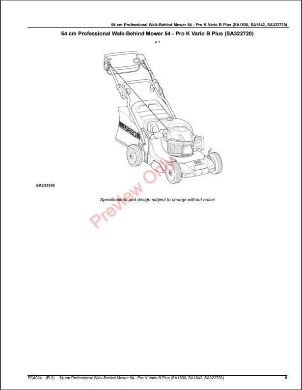 JOHN DEERE 54 CM PROFESSIONAL WALK-BEHIND MOWER 52-PRO K VARIO B PLUS (SA1530, SA1842, SA322720) PC4924 - PARTS CATALOG MANUAL