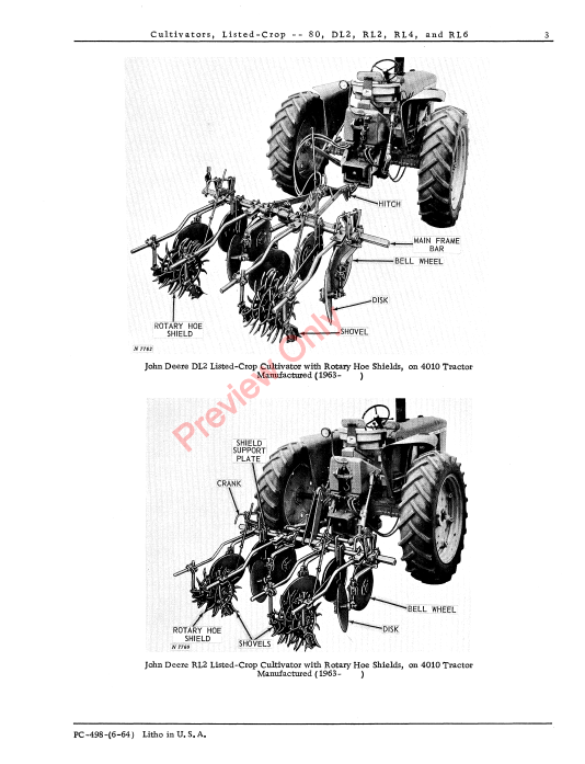 JOHN DEERE 80, DL2, RL2, RL4, RL6, RL630 LISTED CROP CULTIVATOR PC498 - PARTS CATALOG MANUAL