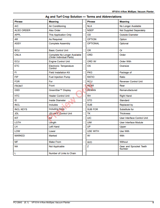 JOHN DEERE VP1014 4-ROW MIDSPEC VACUUM PLANTE PC12643 - PARTS CATALOG MANUAL