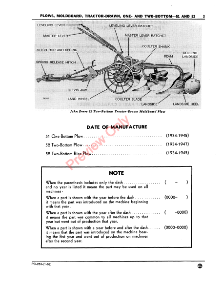 JOHN DEERE NO.50 & 52 DRAWN MOLDBOARD PLOW PC253 - PARTS CATALOG MANUAL