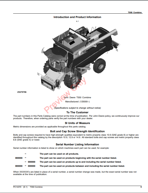 JOHN DEERE T550 COMBINE PC14370 - PARTS CATALOG MANUAL