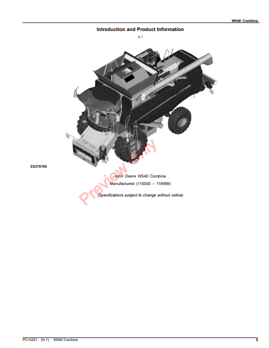 JOHN DEERE W540 COMBINE PC14231 - PARTS CATALOG MANUAL