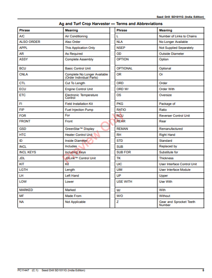 JOHN DEERE SEED DRILL SD1011G (INDIA EDITION) PC11447 - PARTS CATALOG MANUAL