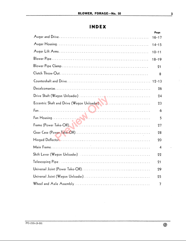 JOHN DEERE FORAGE BLOWERS - NO.50 PC232 - PARTS CATALOG MANUAL