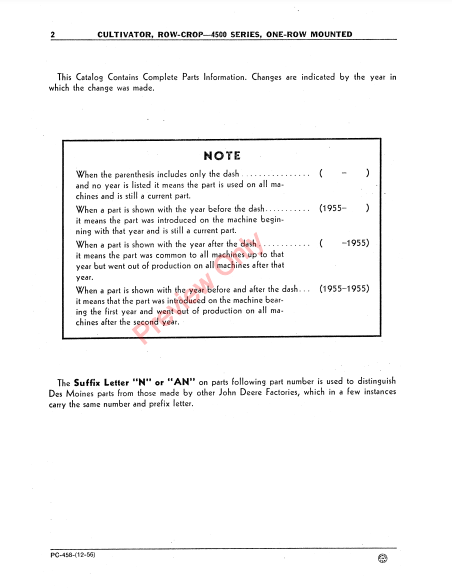 JOHN DEERE 4500 SERIES ROW-CROP CULTIVATOR PC458 - PARTS CATALOG MANUAL