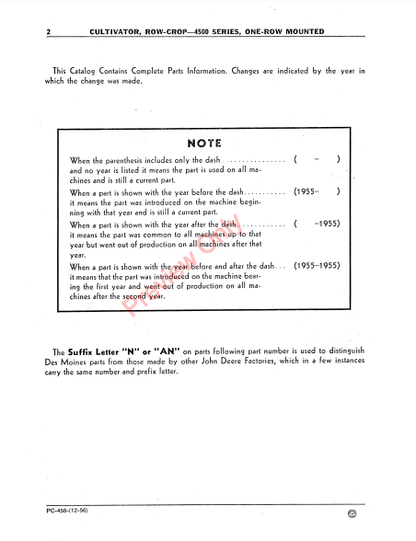 JOHN DEERE 4500 SERIES ROW-CROP CULTIVATOR PC458 - PARTS CATALOG MANUAL