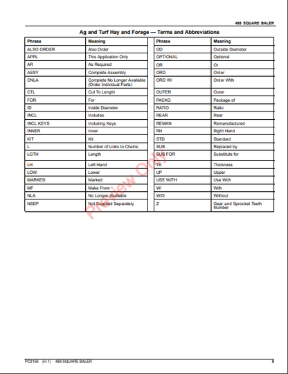 JOHN DEERE 468 BALER PC2156 - PARTS CATALOG MANUAL