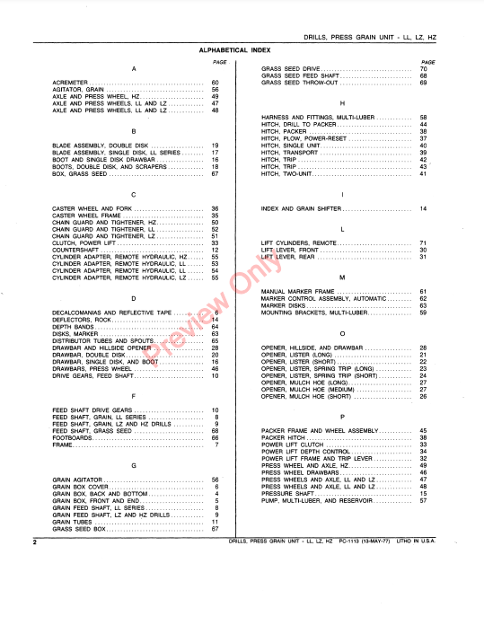 JOHN DEERE LL-LZ-HZ PRESS GRAIN UNIT DRILLS PC1113 - PARTS CATALOG MANUAL