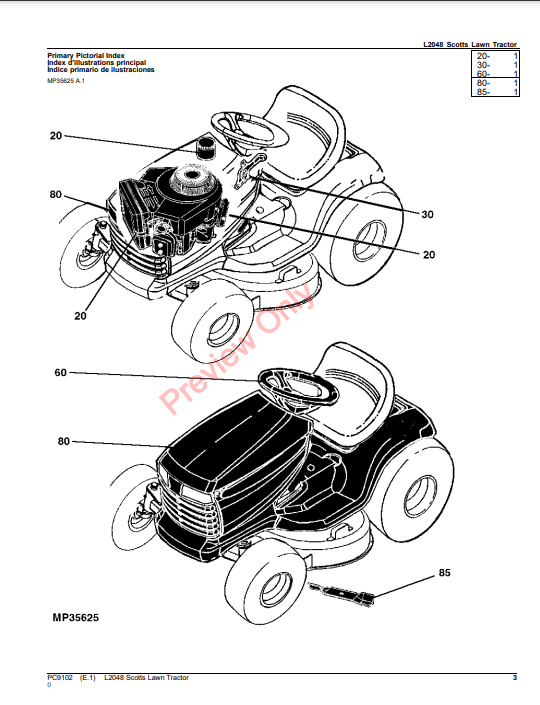 JOHN DEERE L2048 SCOTTS LAWN TRACTOR PC9102 - PARTS CATALOG MANUAL